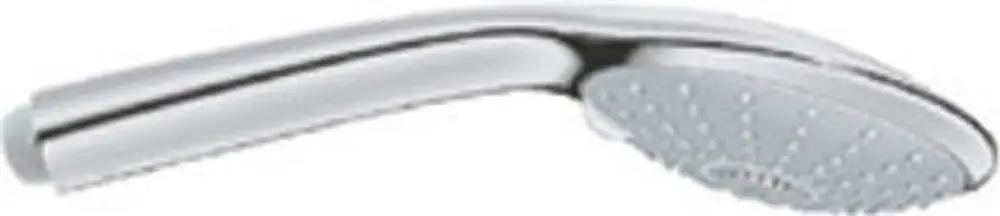 Helle Handbrause aus Metall mit runder Düse und verschiedenen Strahlarten. Die Brause hat einen ergonomischen Griff und stammt von der Marke Grohe.