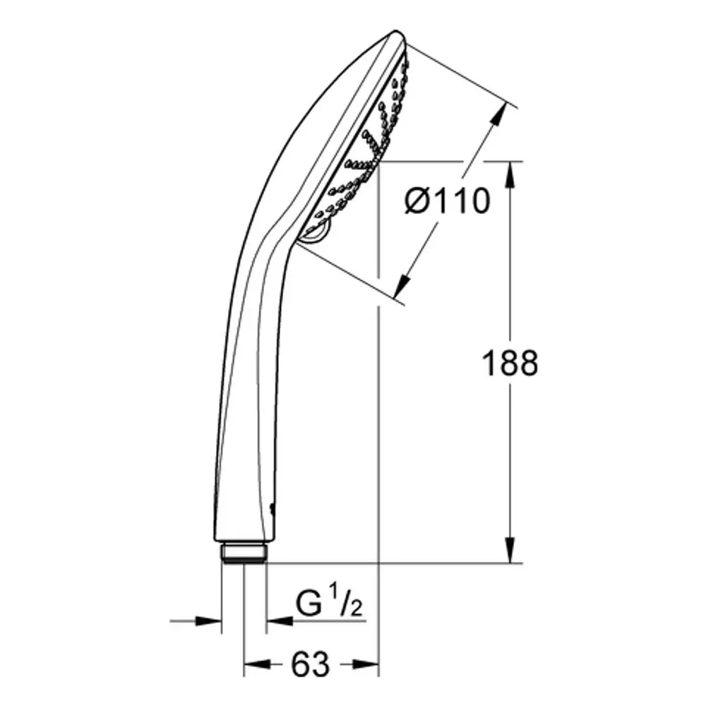 Grohe Handbrause mit ergonomischem Design und mehreren Düsen, abgebildet aus seitlicher Perspektive. Maße und Anschlussdetails sind grafisch dargestellt.