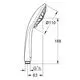 Grohe Handbrause mit ergonomischem Design und mehreren Düsen, abgebildet aus seitlicher Perspektive. Maße und Anschlussdetails sind grafisch dargestellt.