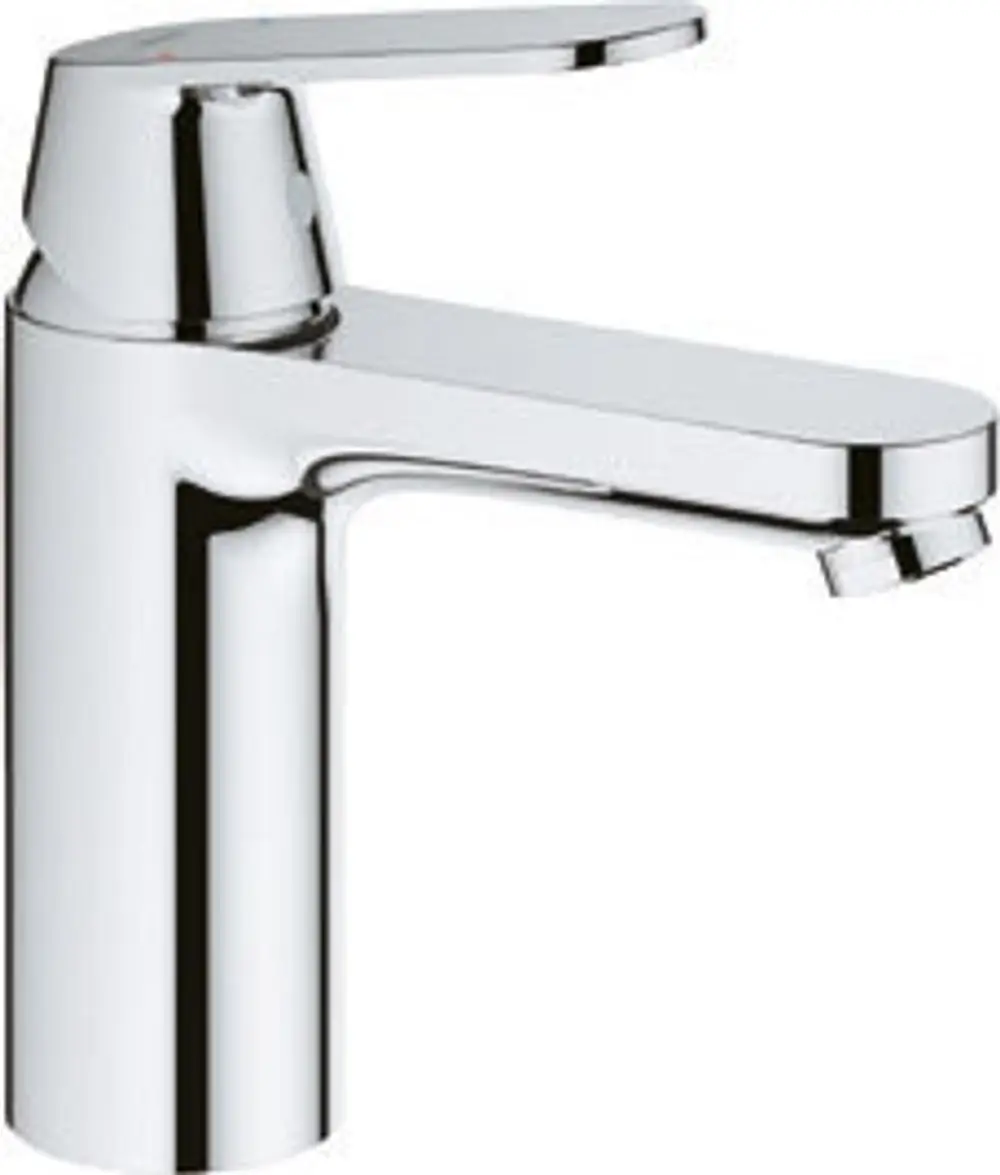 Waschtischbatterie von Grohe mit mittelhohem, glattem Körper in Chrom. Einhebelmischer zur Regulierung von Wasserstrahl und Temperatur.