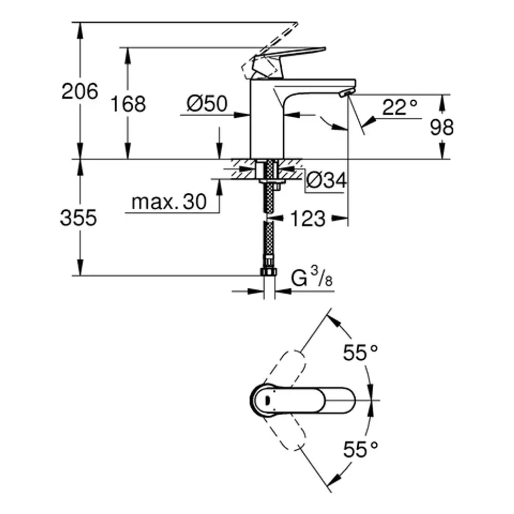 Grohe Waschtischbatterie mit mittelhohem, glattem Körper in Chrom. Technische Zeichnung mit Abmessungen und Montageanleitung.