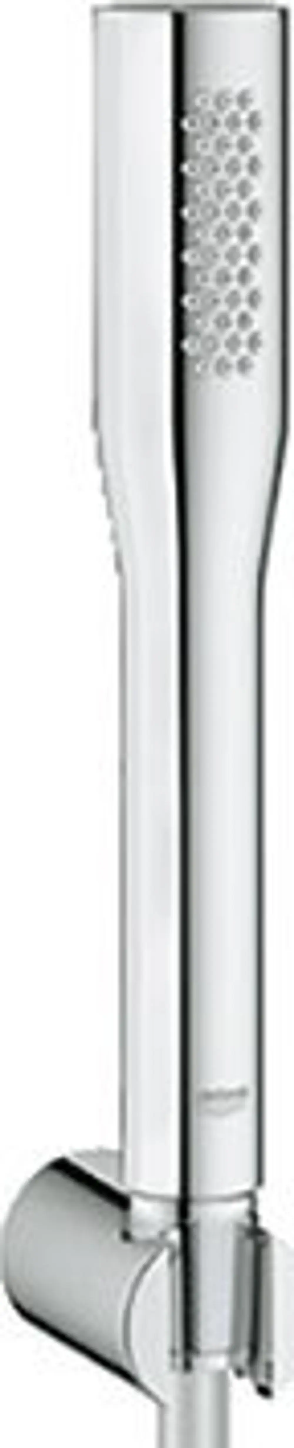 Chromfarbener Wandhalter für eine Duschstange von Grohe, mit einem modernen, schlanken Design und einer perforierten Oberflächenstruktur.