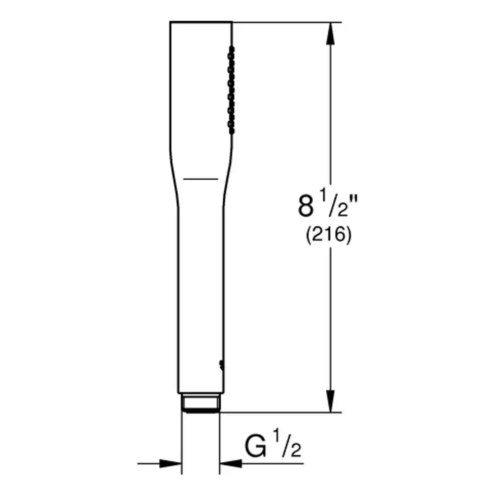 Grohe Handbrause mit langem, schmalem Griff und einer runden Öffnung oben, skizziert mit Maßannotationen. Die Verbindung ist am unteren Ende zu erkennen.