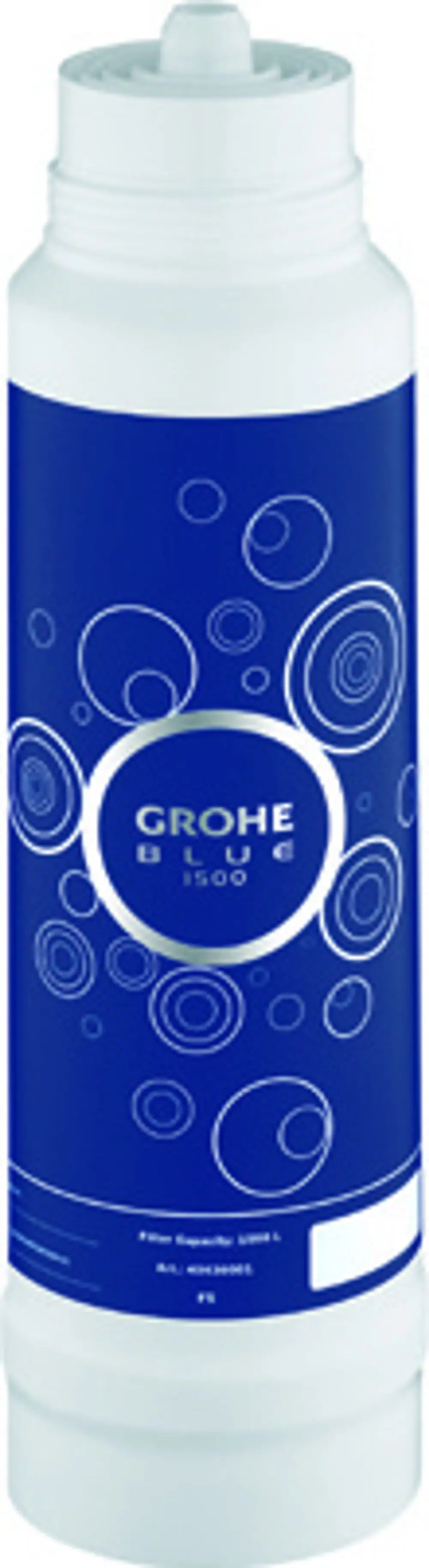 Weißer GROHE Filterbehälter mit blauer Beschriftung und Kreismuster. Auf der Vorderseite sind Informationen zur Filterkapazität und Artikelnummer abgedruckt.