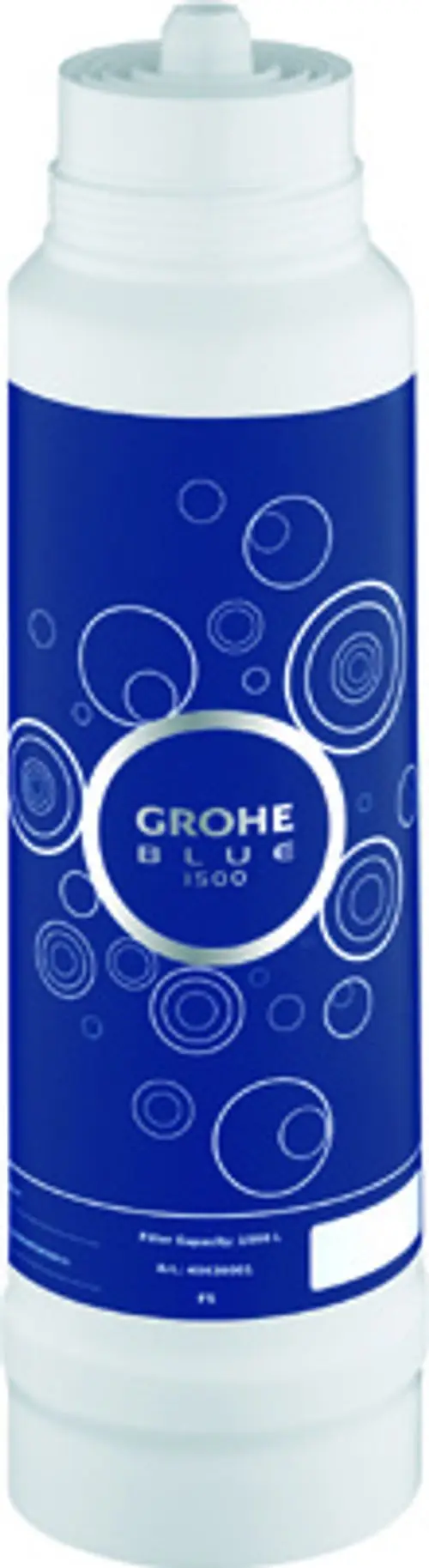 Weißer GROHE Filterbehälter mit blauer Beschriftung und Kreismuster. Auf der Vorderseite sind Informationen zur Filterkapazität und Artikelnummer abgedruckt.