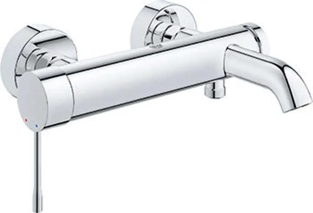 Wandmontierte Chromarmatur von Grohe mit einem geraden Auslauf und einem seitlichen Hebel für die Wasserregelung.
