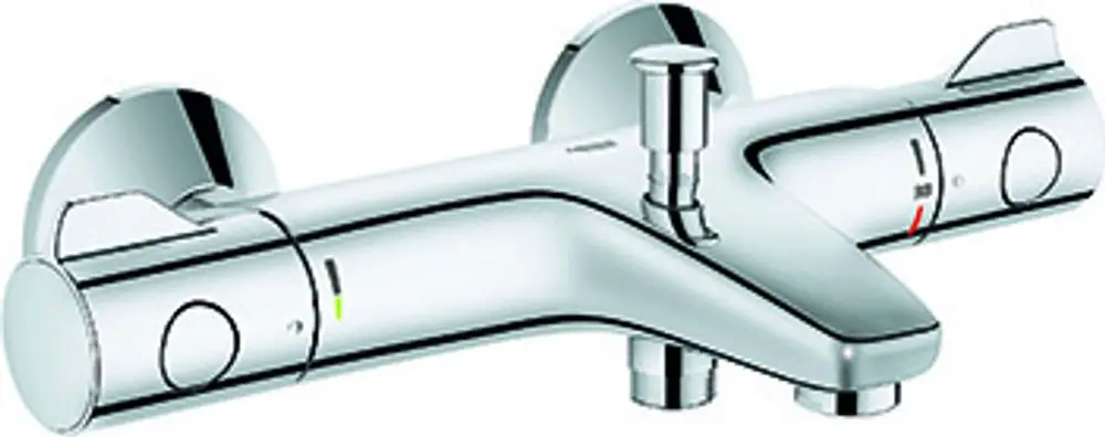 Wannenbatterie von Grohe, Wandmontage, mit zwei Temperaturreglern und einem zentralen Bedienelement. Verchromte Oberfläche für einen modernen Look.