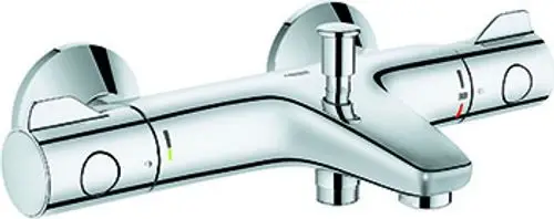 Wannenbatterie von Grohe, Wandmontage, mit zwei Temperaturreglern und einem zentralen Bedienelement. Verchromte Oberfläche für einen modernen Look.