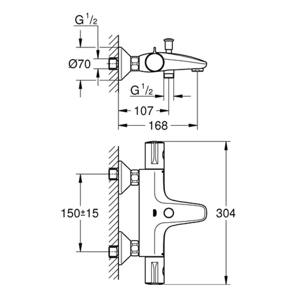 Technische Zeichnung eines Grohe-Wannenbatterie-Modells mit Maßen und Montagehinweisen für eine Wandinstallation. Darstellung der Anschlussmaße und Formgebung.