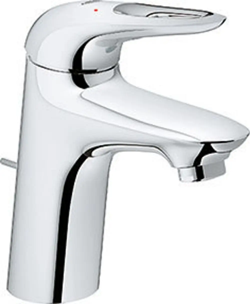 Chrome Wasserhahn von Grohe mit einem Hebel für die Temperaturregulation und einem Auslauf für die Wasserabgabe, geeignet für ein Waschbecken.