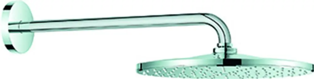 Grohe Kopfbrause mit einem schmalen, runden Brausekopf und langem, gewinkeltem Brausearm. Die Oberfläche ist in Chromoptik gehalten.