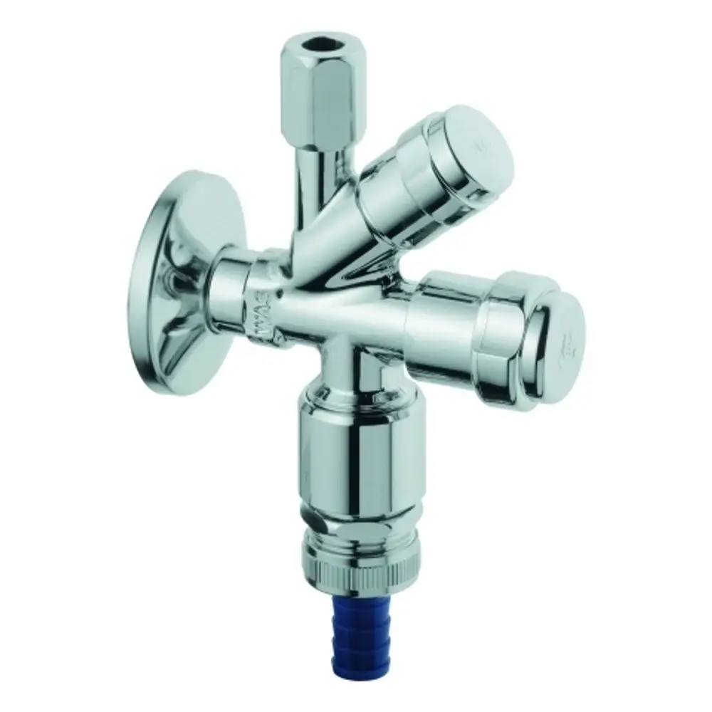 GROHE Kombi-Eckventil mit drei Anschlüssen und einem blauen Schlauch. Verchromte Oberfläche, geeignet für Wasserversorgung und Anschluss an Rohrsysteme.