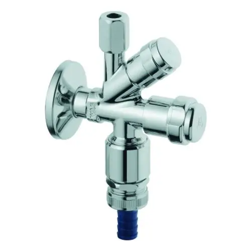 GROHE Kombi-Eckventil mit drei Anschlüssen und einem blauen Schlauch. Verchromte Oberfläche, geeignet für Wasserversorgung und Anschluss an Rohrsysteme.