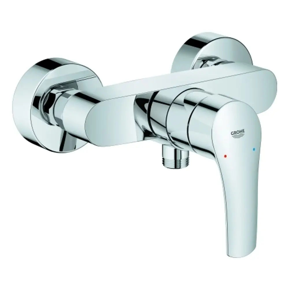 Wandmontiertes Grohe-Brausebatterie mit schlichter chromfarbener Oberfläche und zwei Markierungen für Warm- und Kaltwasseranpassung.