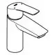 Wasserhahn von Grohe mit flachem Auslauf und glattem Körper. Standarddesign für Einhandbedienung in verchromter Ausführung.