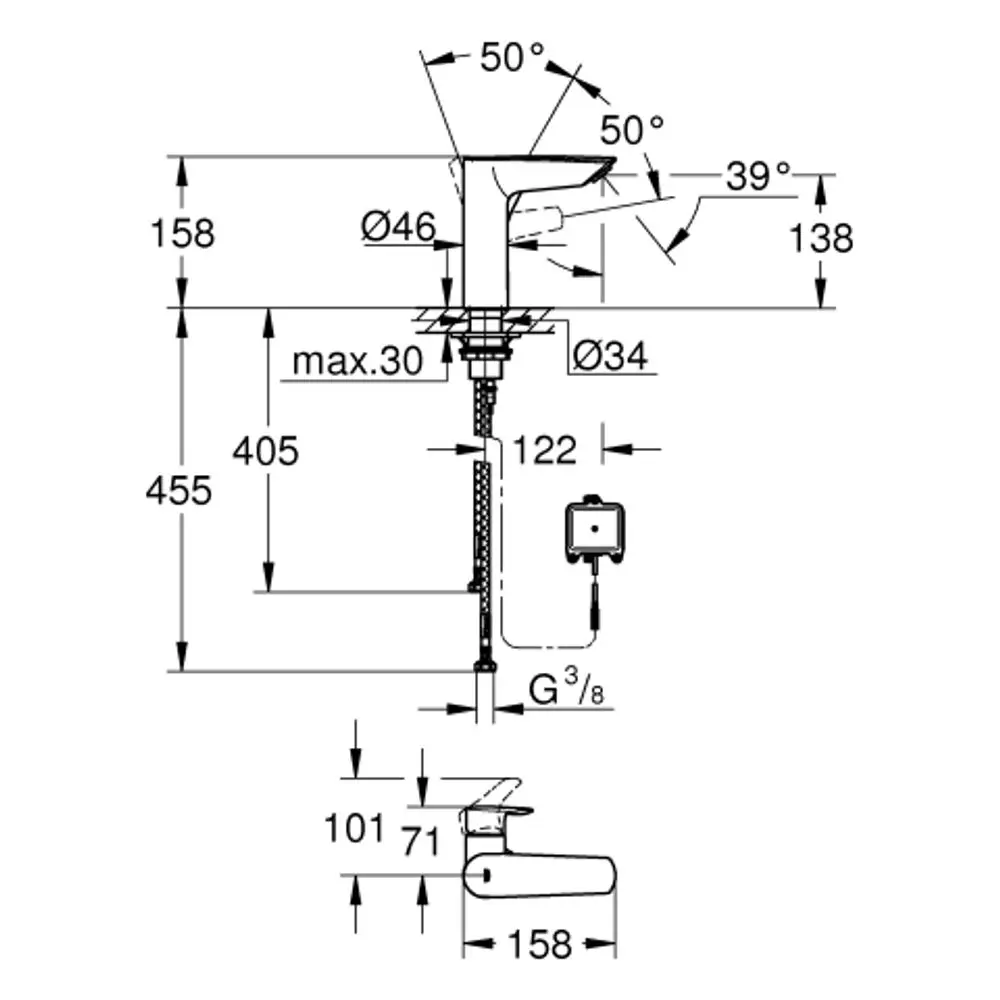 Grohe Produktgrafik einer Armatur mit Infrarot- und manueller Auslösung, angezeigt in seitlicher und frontaler Ansicht mit maßlichen Angaben.