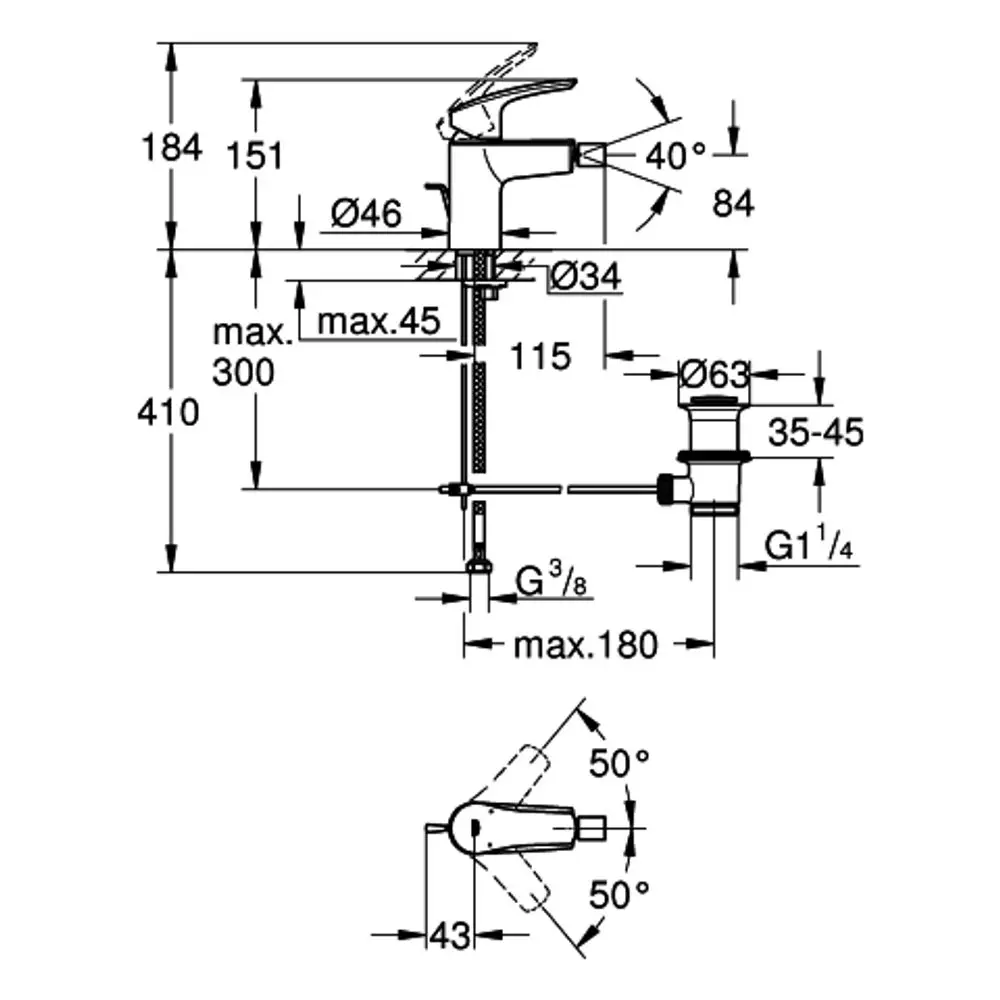 Grohe Bidetbatterie mit schwenkbarem Bedienhebel. Technische Zeichnung mit Abmessungen und Anschlussdetails. Illustration von Montage- und Armaturmerkmalen.