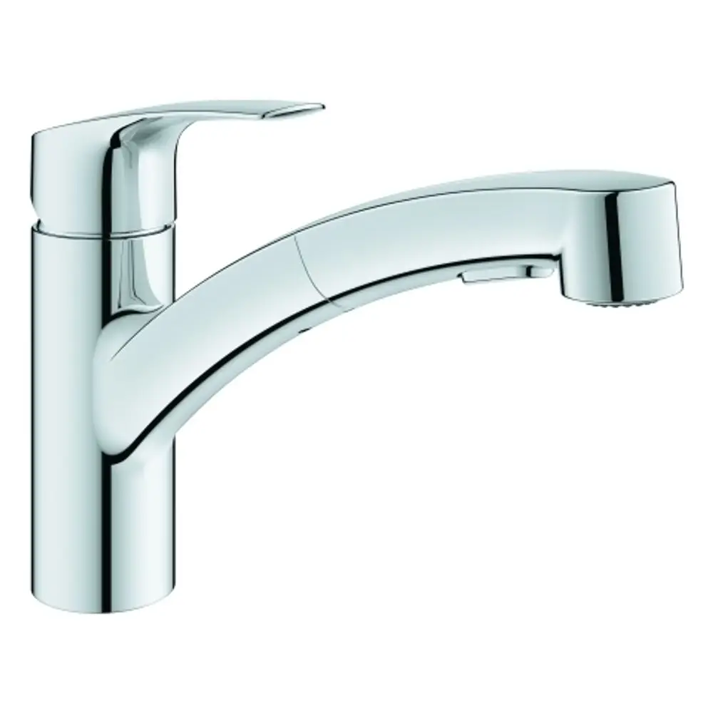 Grohe Wasserhahn mit einem geschwungenen Auslauf und einer Dual-Spülbrause. Das Design ist verchromt und zeigt eine schlichte, funktionale Form.