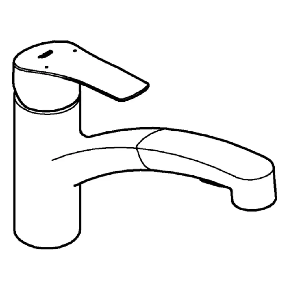 Grohe Wasserhahn mit flachem Auslauf und Hebelsteuerung. Das Design ist schlicht und funktional, geeignet für moderne Küchen oder Bäder.