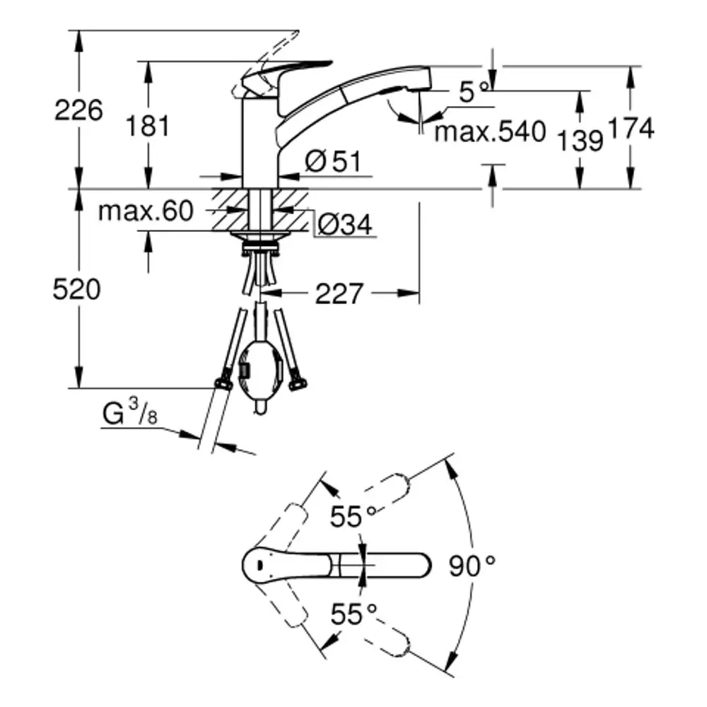GROHE Armatur mit einem Auslauf und dualer Spülbrause, schematische Darstellung der Maße und Installationsdetails in Schwarz-Weiß.
