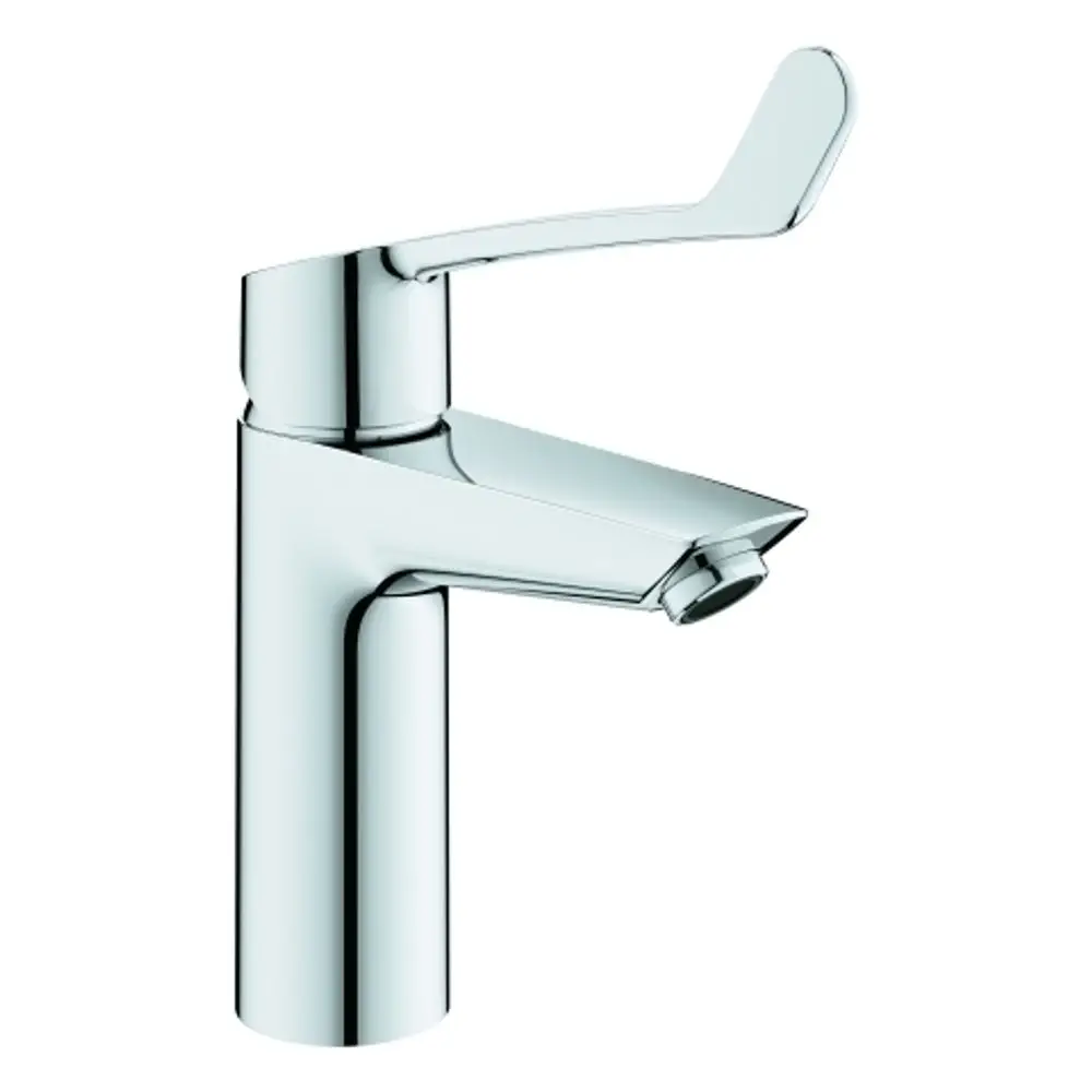 Grohe-Waschtischarmatur mit langem Hebel und flachem Auslauf in verchromter Oberfläche. Einfaches Design für Badezimmeranwendungen.