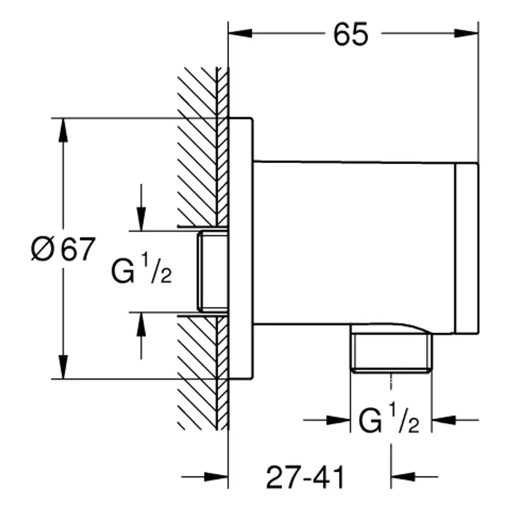 Wandanschlussbogen von Grohe, grafische Darstellung mit Maßangaben und Anschlussdetails. Sichtbare G1/2-Zoll-Anschlüsse und Durchmesser von Ø67.