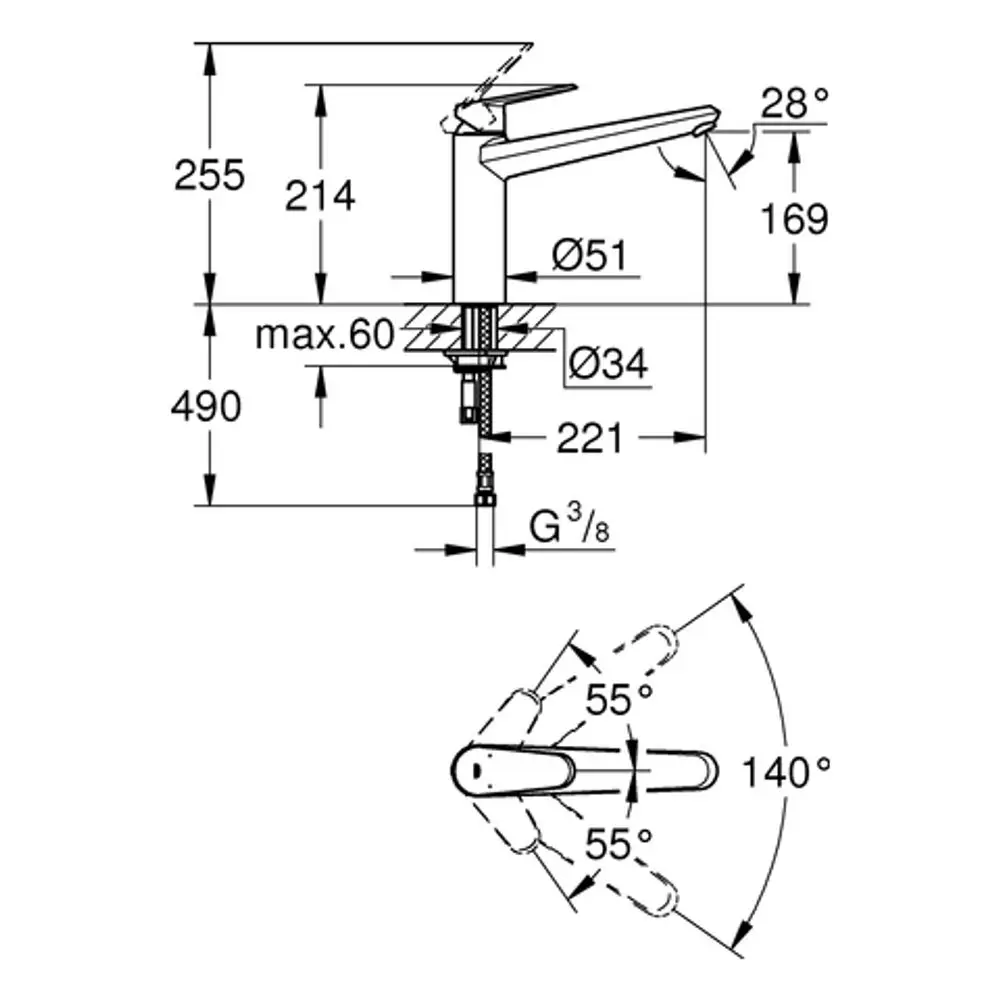 Grohe Armatur mit flachem Auslauf und Hebel. Maße und Anschlussdetails sind im technischen Diagramm dargestellt. Drehwinkel und Höheninformationen sind ebenfalls enthalten.