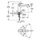 Grohe Armatur mit flachem Auslauf und Hebel. Maße und Anschlussdetails sind im technischen Diagramm dargestellt. Drehwinkel und Höheninformationen sind ebenfalls enthalten.