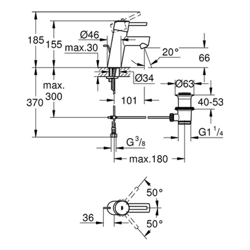 Grohe Waschtischbatterie mit Standardanschlüssen, verschiedenen Maßen für Montage und Funktion, inklusive Zeichnung der Zugstangen-Ablaufgarnitur.