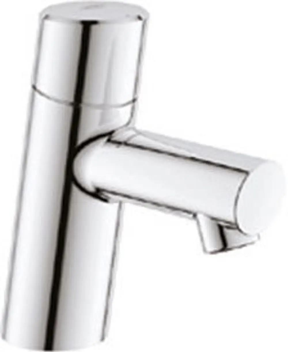 GROHE Standventil in glänzendem Chrom, mit einem zylindrischen Körper und einem seitlichen Auslauf. Das Design ist modern und funktional, geeignet für verschiedene Waschbecken.
