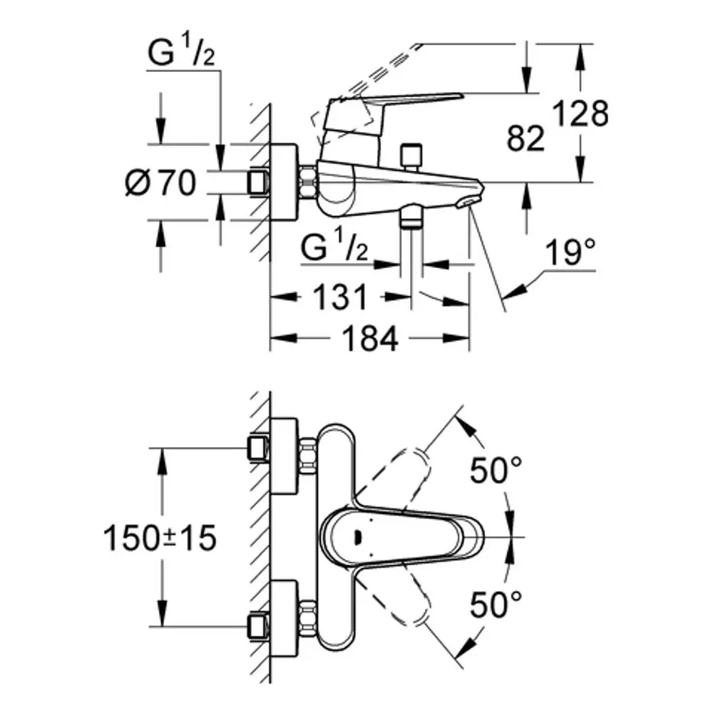 Diagramm einer Grohe Einhand-Wannenbatterie mit Wandmontage. Abmessungen und Montagehinweise sind dargestellt, einschließlich Anschlussgrößen und Neigungswinkeln.