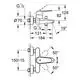 Diagramm einer Grohe Einhand-Wannenbatterie mit Wandmontage. Abmessungen und Montagehinweise sind dargestellt, einschließlich Anschlussgrößen und Neigungswinkeln.