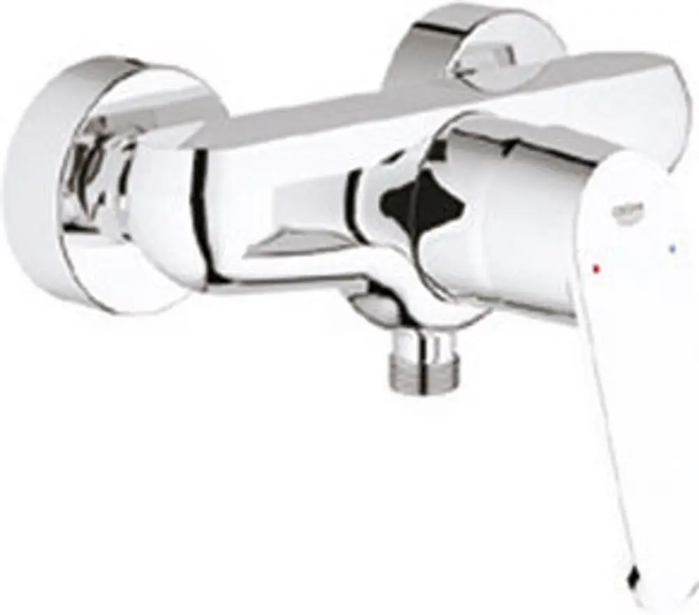 Chromfarbene Wandarmatur von Grohe mit einer Hebelbedienung und zwei Temperaturmarkierungen, geeignet für die Montage an der Wand.