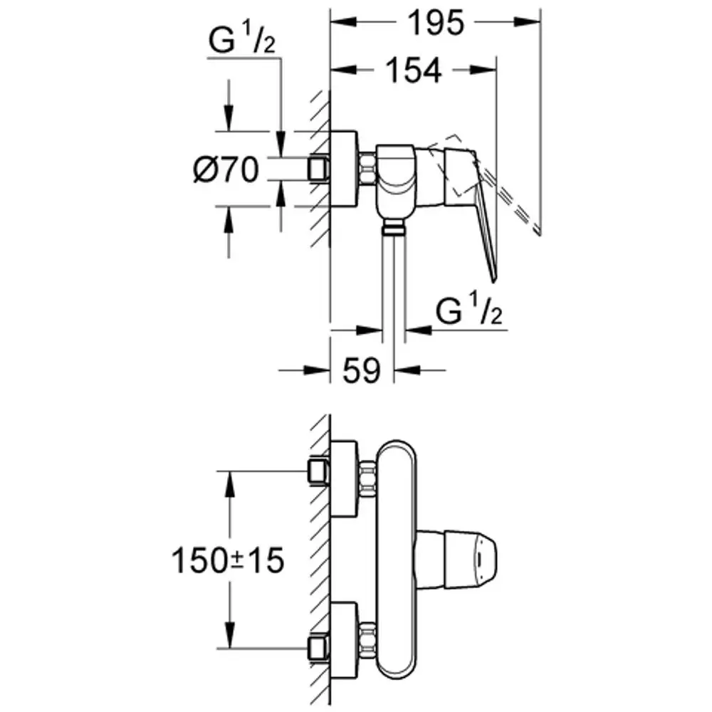 GROHE Brausebatterie mit Wandmontage, zeigt technische Zeichnung mit Dimensionen und Anschlüssen. Detailansicht der Armatur für Wasseranschluss.