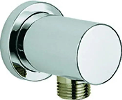 Chromfarbener Wandanschlussbogen von Grohe, zylindrische Form mit Gewinde für Anschluss, montiert auf einer runden Wandplatte.