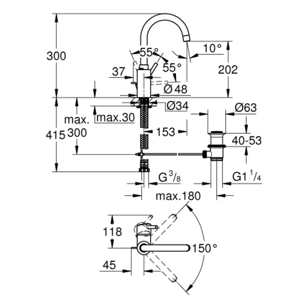 GROHE Waschtischarmatur mit einem hohen, gebogenen Auslauf. Technische Zeichnung zeigt Abmessungen und Montageoptionen für den Wasserhahn.