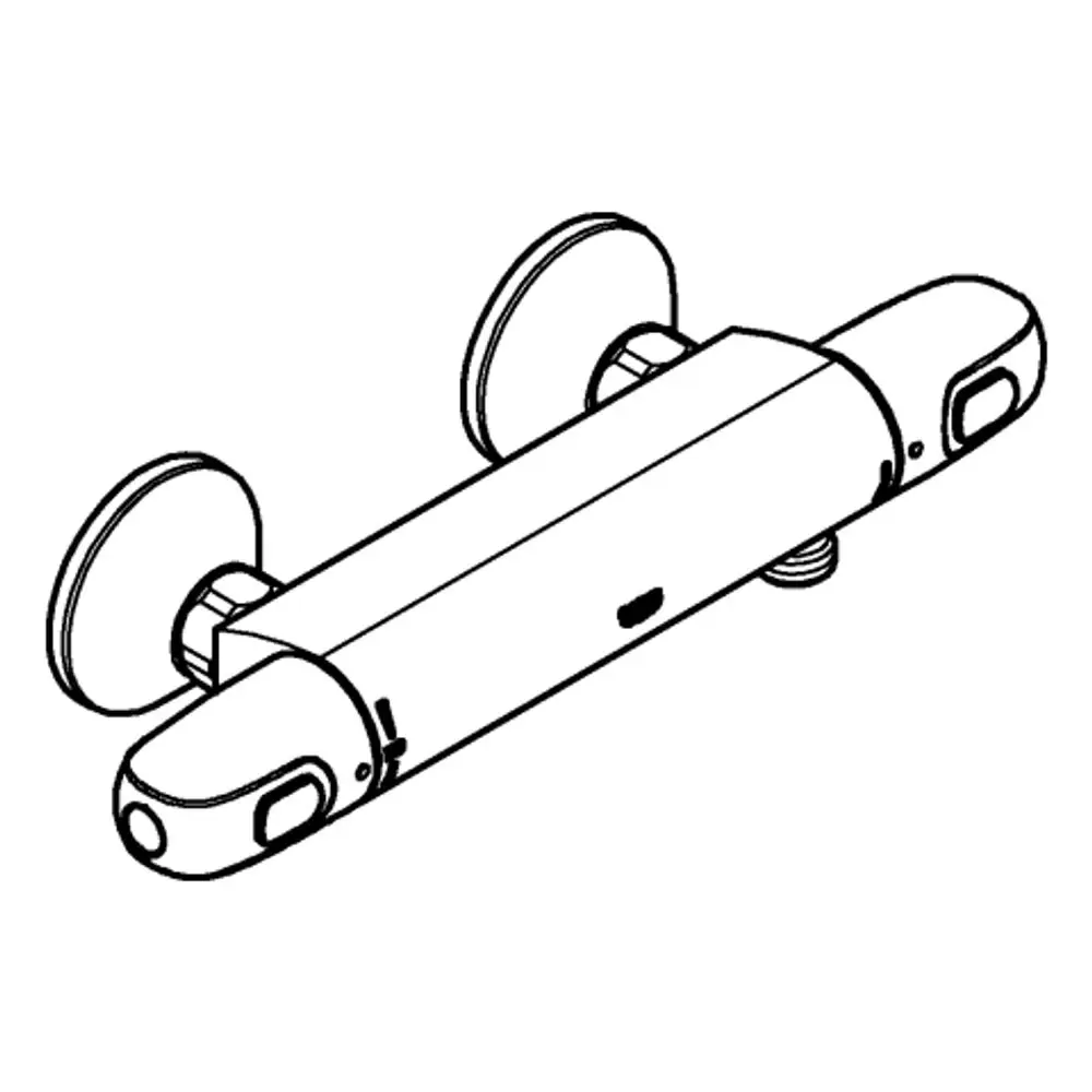 Brausebatterie in chrom, mit zwei Bedienknöpfen an den Seiten und einer zentralen Montageplatte. Das Produkt ist für die Wandmontage konzipiert und stammt von Grohe.