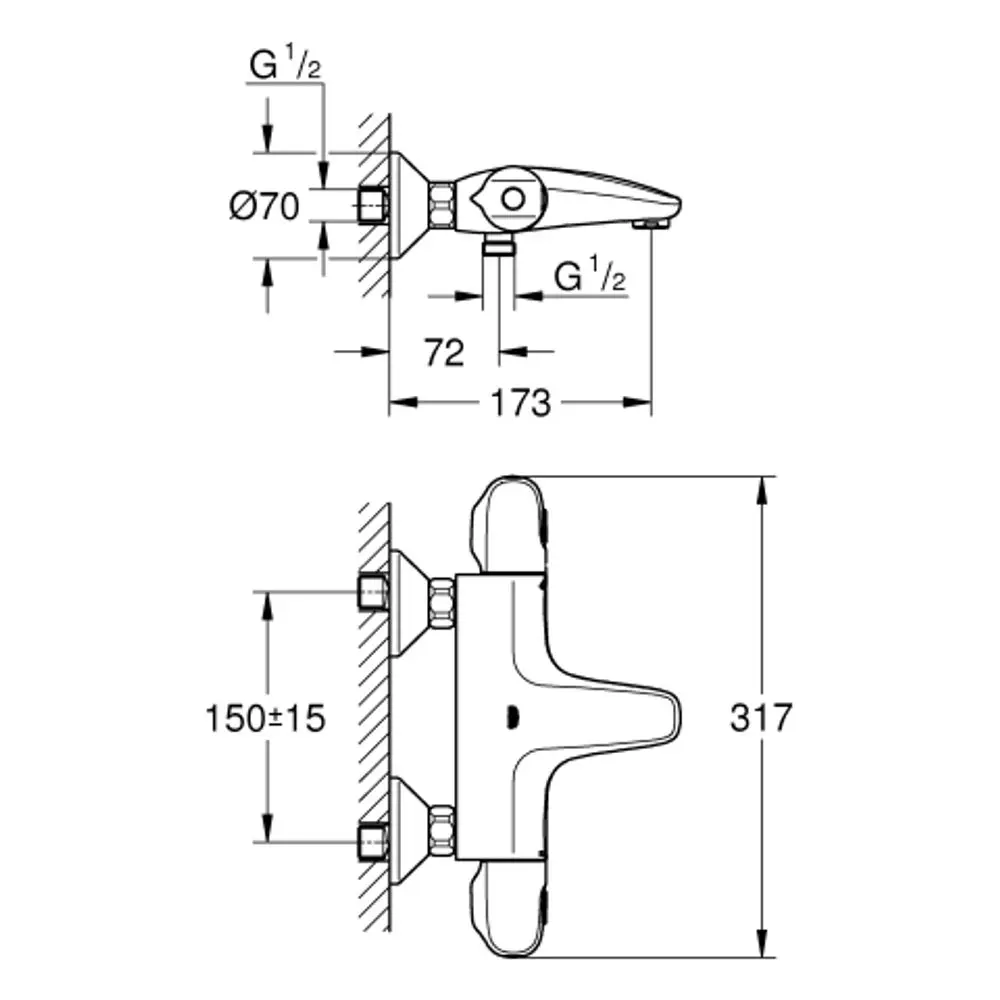 Grohe Brausebatterie mit zwei Anschlüssen, seitlicher Hebel zur Temperaturregelung, montiert an einer Wand. Maße und Details sind im technischen Diagramm angegeben.