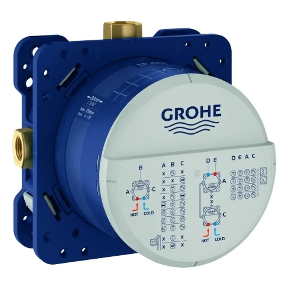 GROHE Unterputz-Einbaukörper in Blau mit Anschlussmöglichkeiten für Warm- und Kaltwasser, beschriftete Symbole zur Installation und Konfiguration, geeignet für Badezimmerarmaturen.