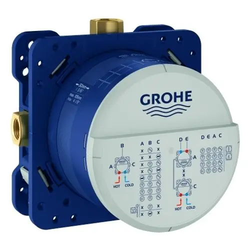 GROHE Unterputz-Einbaukörper in Blau mit Anschlussmöglichkeiten für Warm- und Kaltwasser, beschriftete Symbole zur Installation und Konfiguration, geeignet für Badezimmerarmaturen.