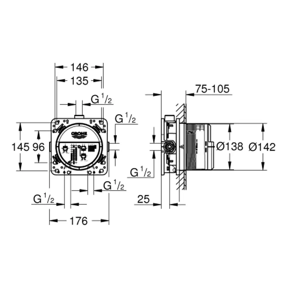 GROHE Unterputz-Einbaukörper mit mehreren Anschlüssen, dargestellt in einer technischen Zeichnung mit Maßangaben und Installationshinweisen.