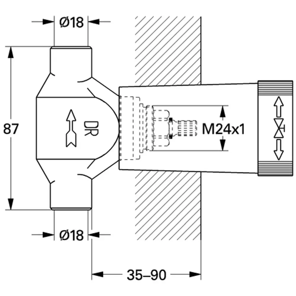 Grohe Ventil-Unterteil mit Lötanschluss, abgebildet von der Seite. Maße und Details sind grafisch dargestellt. Entwurf zeigt M24 x 1 Gewinde und Durchmesser Ø18 mm.