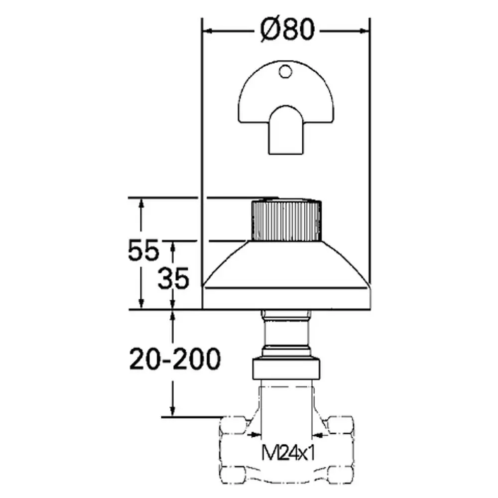 Grohe Ventiloberbau mit einer Höhe von 55 mm und einem Durchmesser von 80 mm. Anschlüsse und Maße sind optisch erkennbar. Konstruktion zur Installation von Sanitäranlagen.