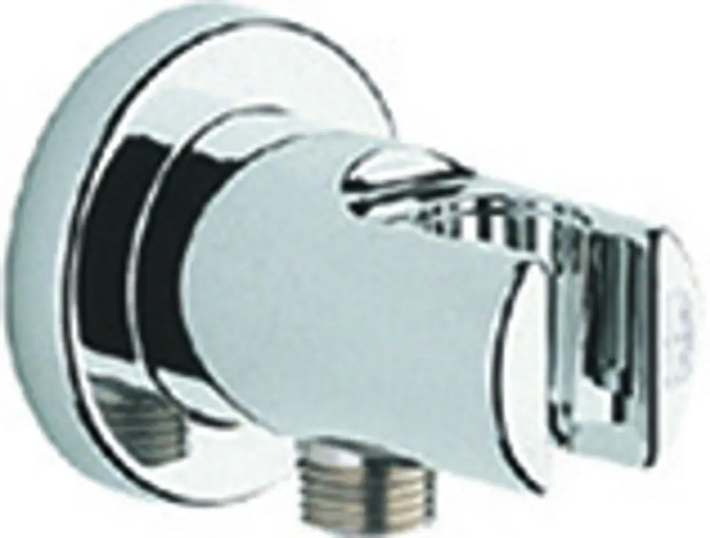 GROHE Wandanschlussbogen in chrom mit einem angebrachten Wandbrauseanschluss, montiert an einer Wand.