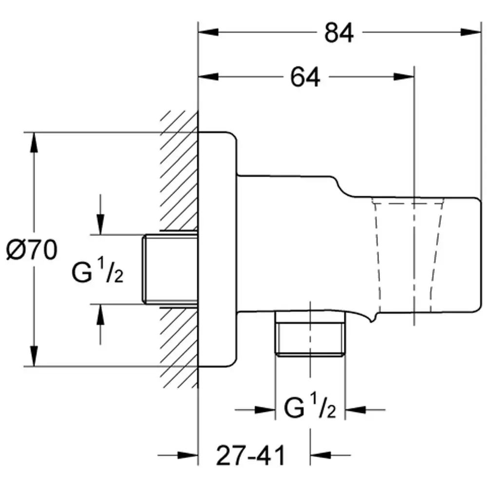 Wandanschlussbogen von Grohe mit Anschluss für Wandbrause, abgebildet in technischem Zeichnungsformat mit Maßangaben und spezifischen Anschlussgrößen.