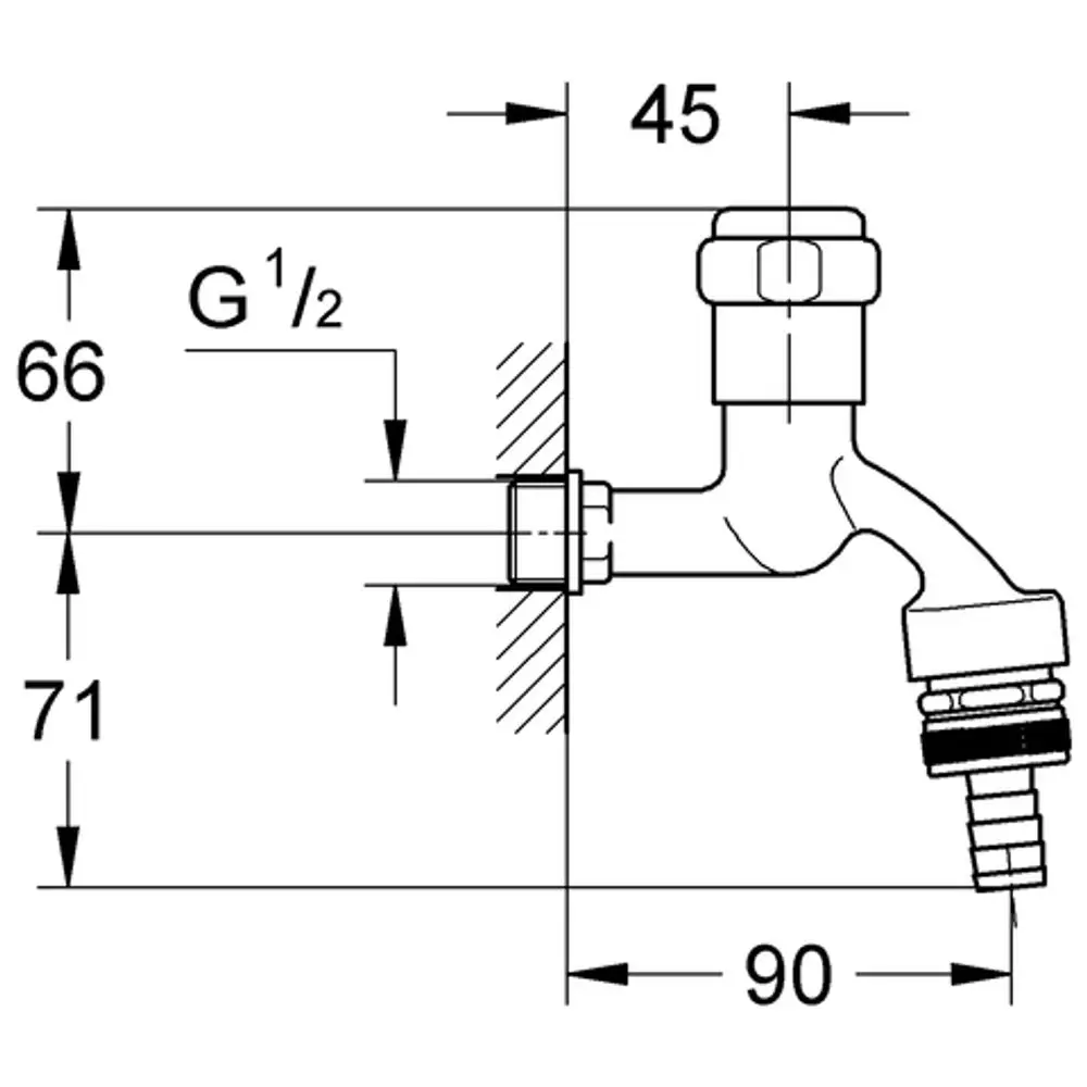 GROHE Armaturenkombination mit L-Form, Anschluss für Rohrbelüfter. Abmessungen und spezifische Details sind im technischen Diagramm ersichtlich.