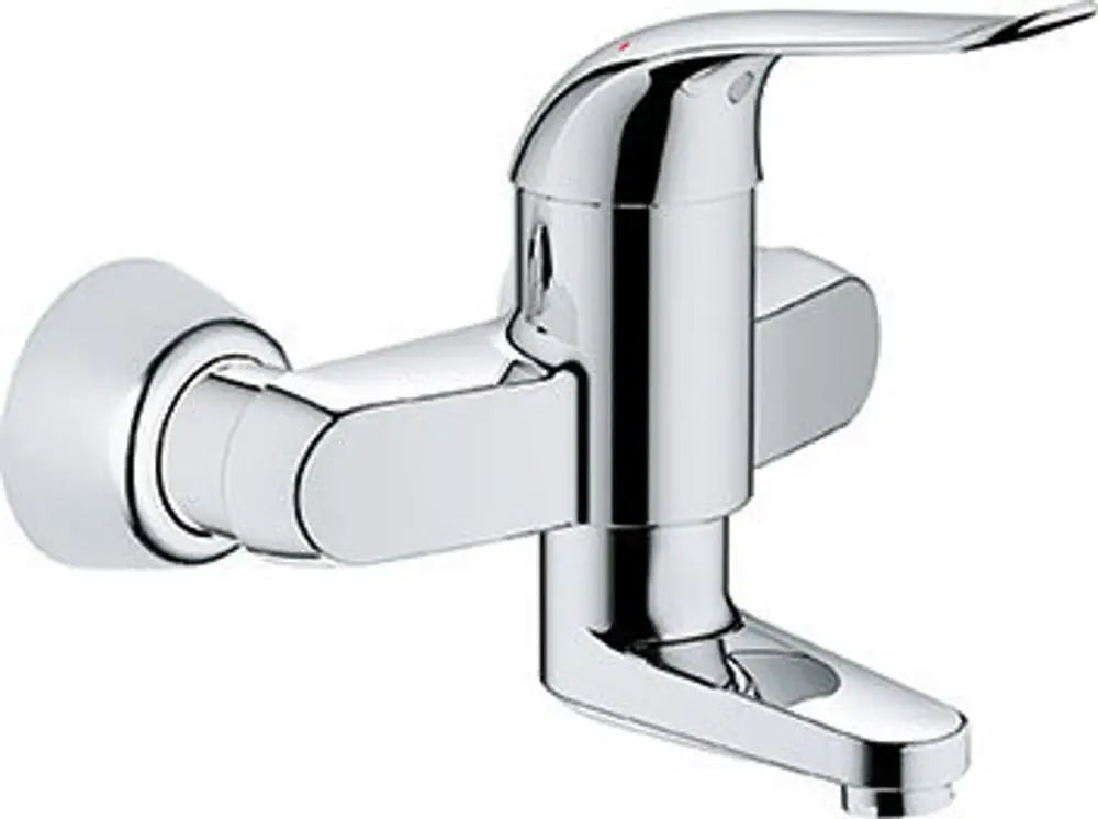 Wasserhahn von Grohe mit glänzender Chromoberfläche und einem Hebel zur Temperaturregelung, montiert an der Wand mit S-Anschlüssen.