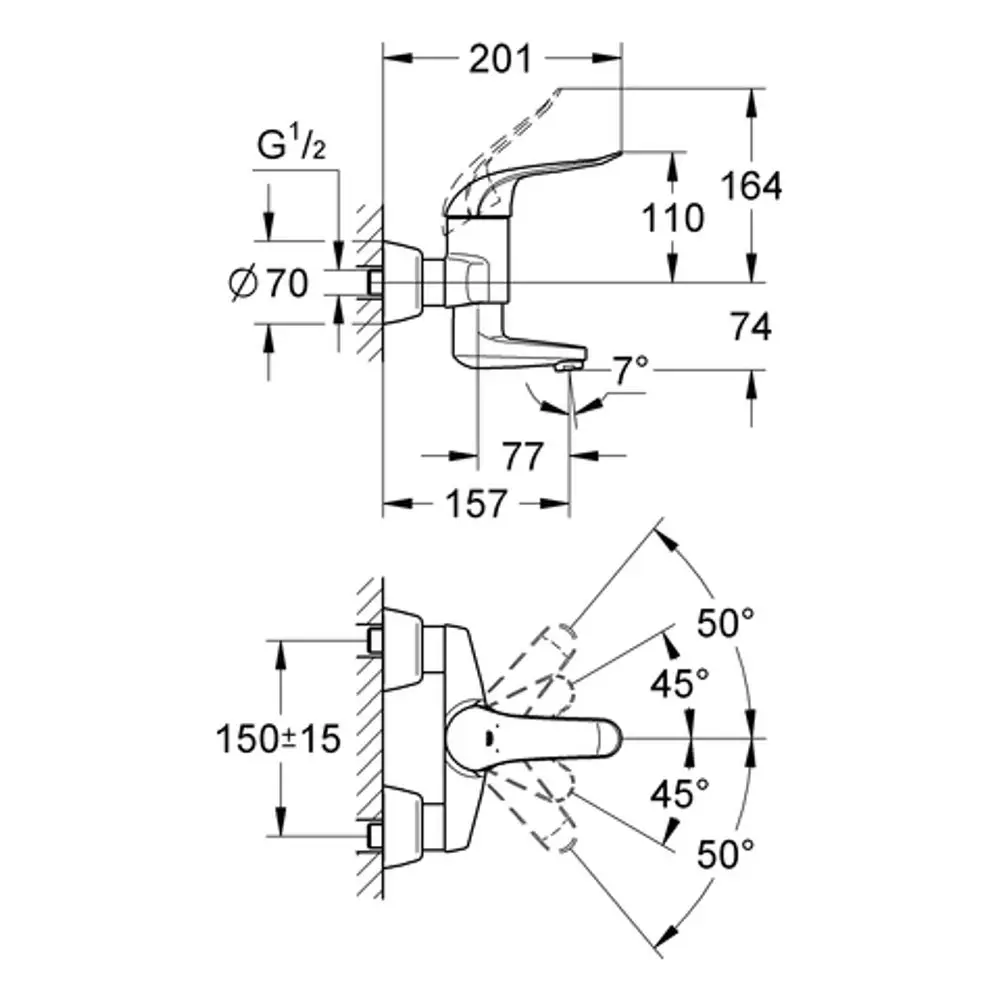 GROHE Armatur mit einer Ausladung von 157 mm, wandmontiert. Enthält eine Bedieneinheit mit Hebelmechanismus und S-Anschlüsse für die Installation.