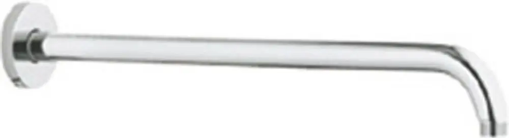 Chromfarbener Brausearm von Grohe, leicht gebogen, mit Montageplatte und einem Ausleger, der sich zur Wand hin neigt. Ideal für moderne Duschsysteme.