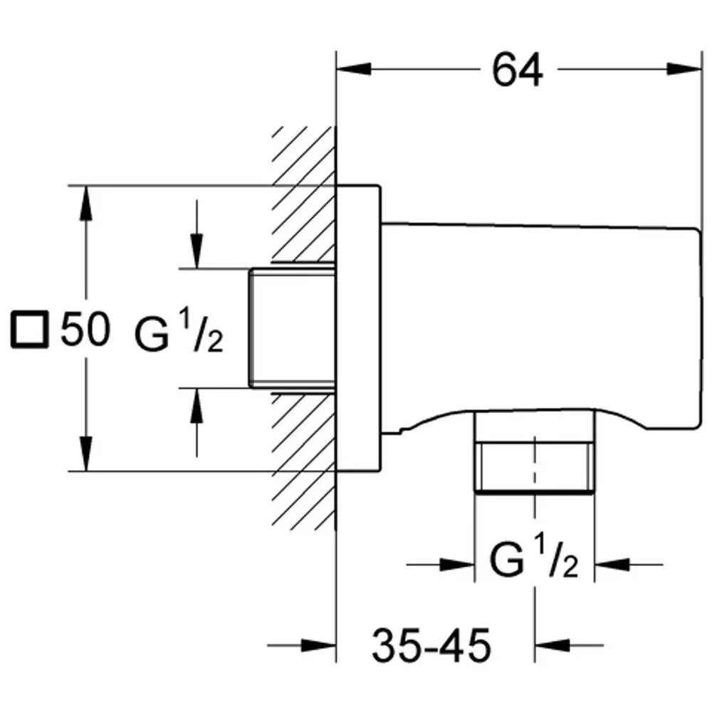 Wandanschlussbogen mit Außengewinde von Grohe, zeichnerische Darstellung der Dimensionen und Gewindegrößen für die Installation.
